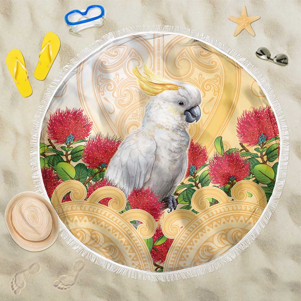 New Zealand Aotearoa Cockatoo Beach Blanket Maori Pattern With Pohutukawa Flowers