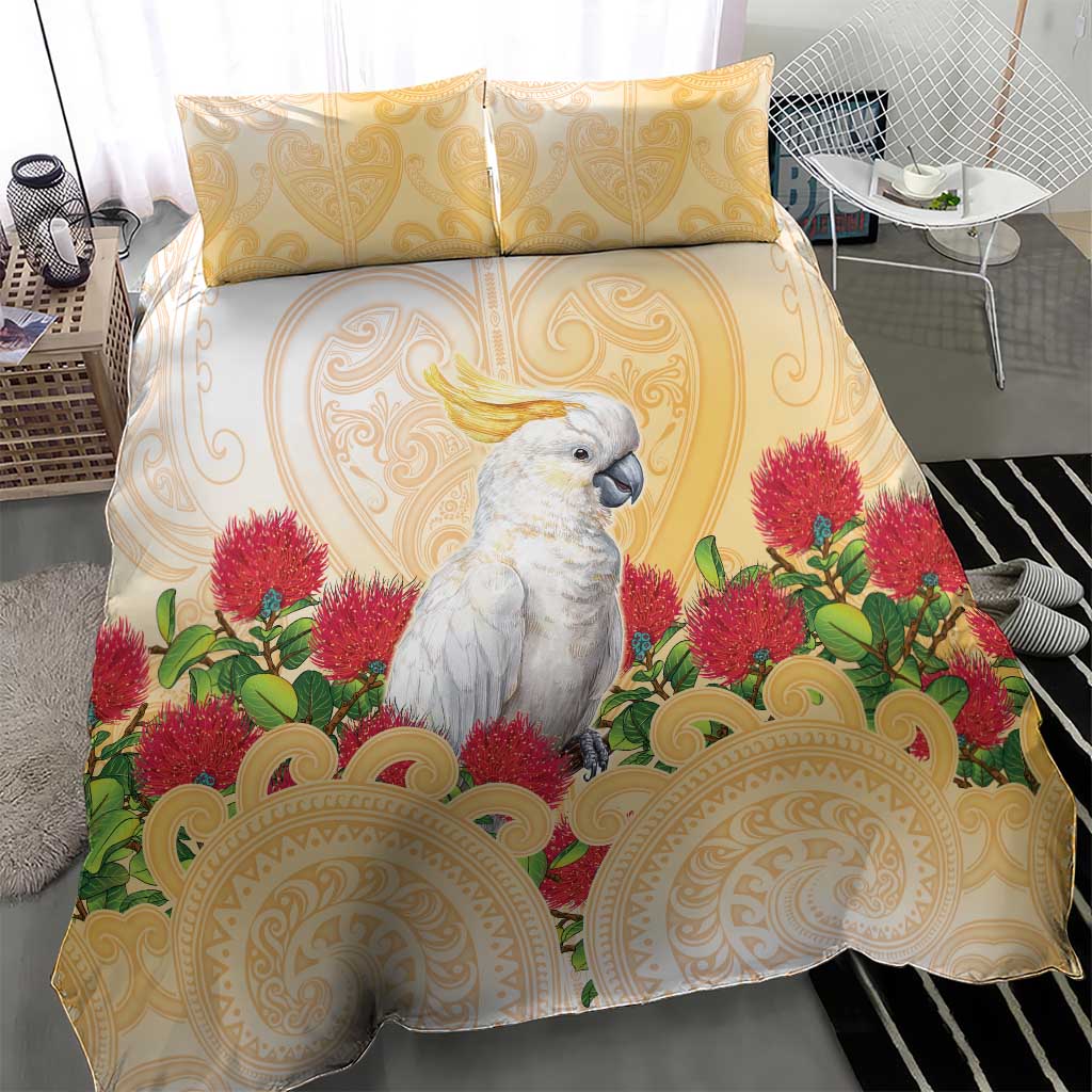 New Zealand Aotearoa Cockatoo Bedding Set Maori Pattern With Pohutukawa Flowers