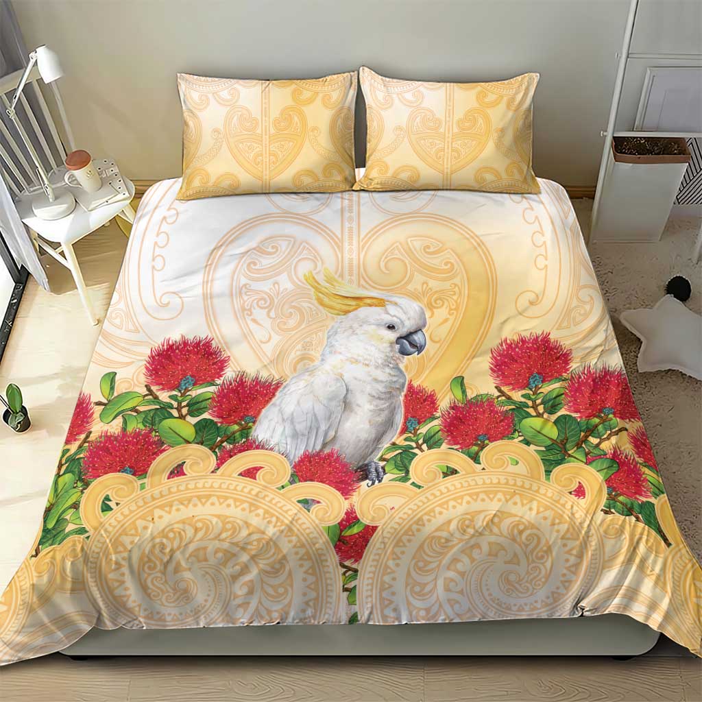 New Zealand Aotearoa Cockatoo Bedding Set Maori Pattern With Pohutukawa Flowers