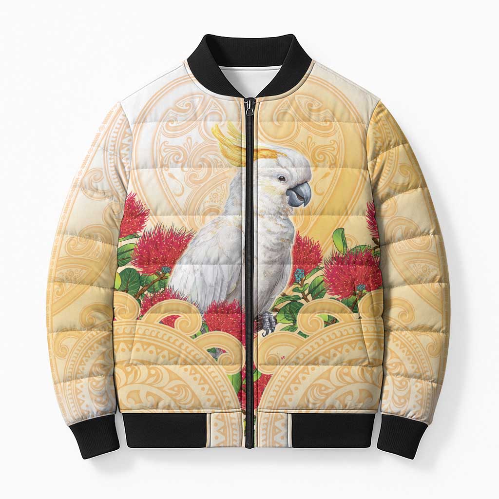 New Zealand Aotearoa Cockatoo Bomber Puffer Jacket Maori Pattern With Pohutukawa Flowers