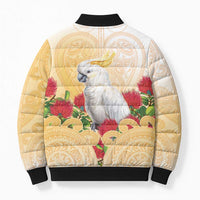 New Zealand Aotearoa Cockatoo Bomber Puffer Jacket Maori Pattern With Pohutukawa Flowers