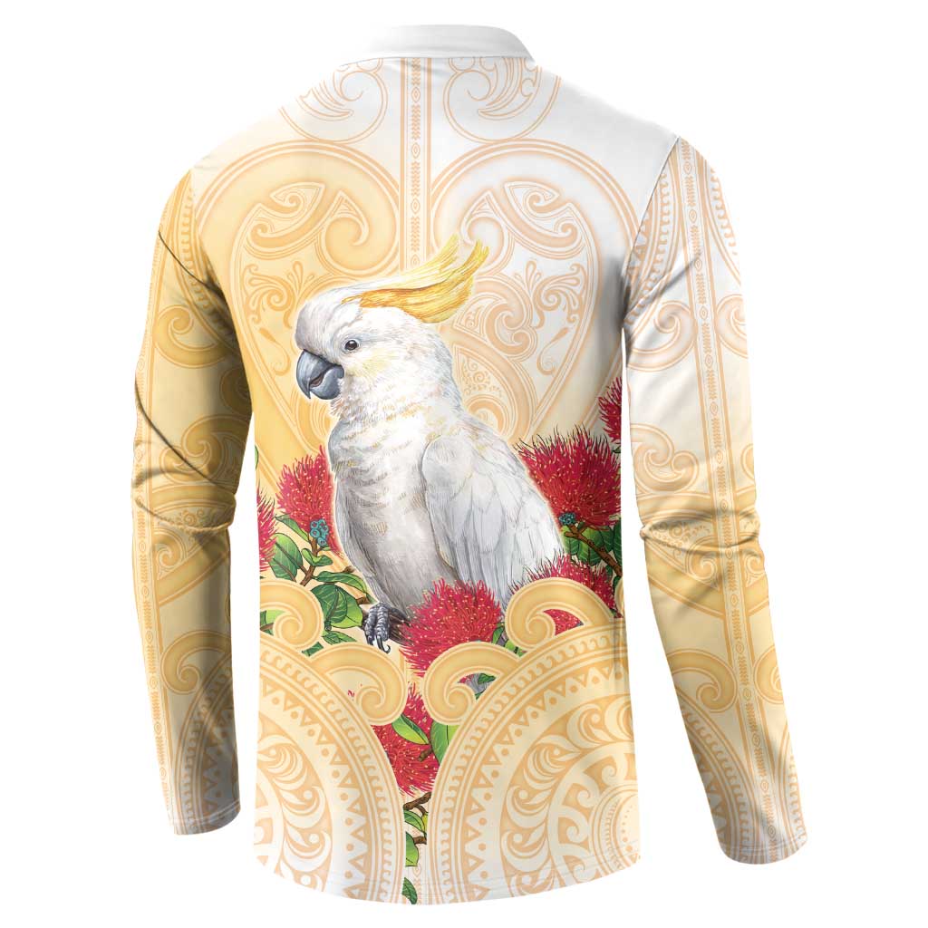 New Zealand Aotearoa Cockatoo Button Sweatshirt Maori Pattern With Pohutukawa Flowers