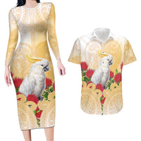 New Zealand Aotearoa Cockatoo Couples Matching Long Sleeve Bodycon Dress and Hawaiian Shirt Maori Pattern With Pohutukawa Flowers LT05 Beige - Polynesian Pride