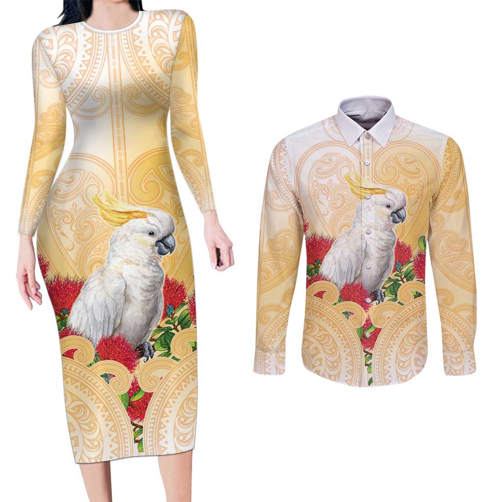 New Zealand Aotearoa Cockatoo Couples Matching Long Sleeve Bodycon Dress and Long Sleeve Button Shirt Maori Pattern With Pohutukawa Flowers