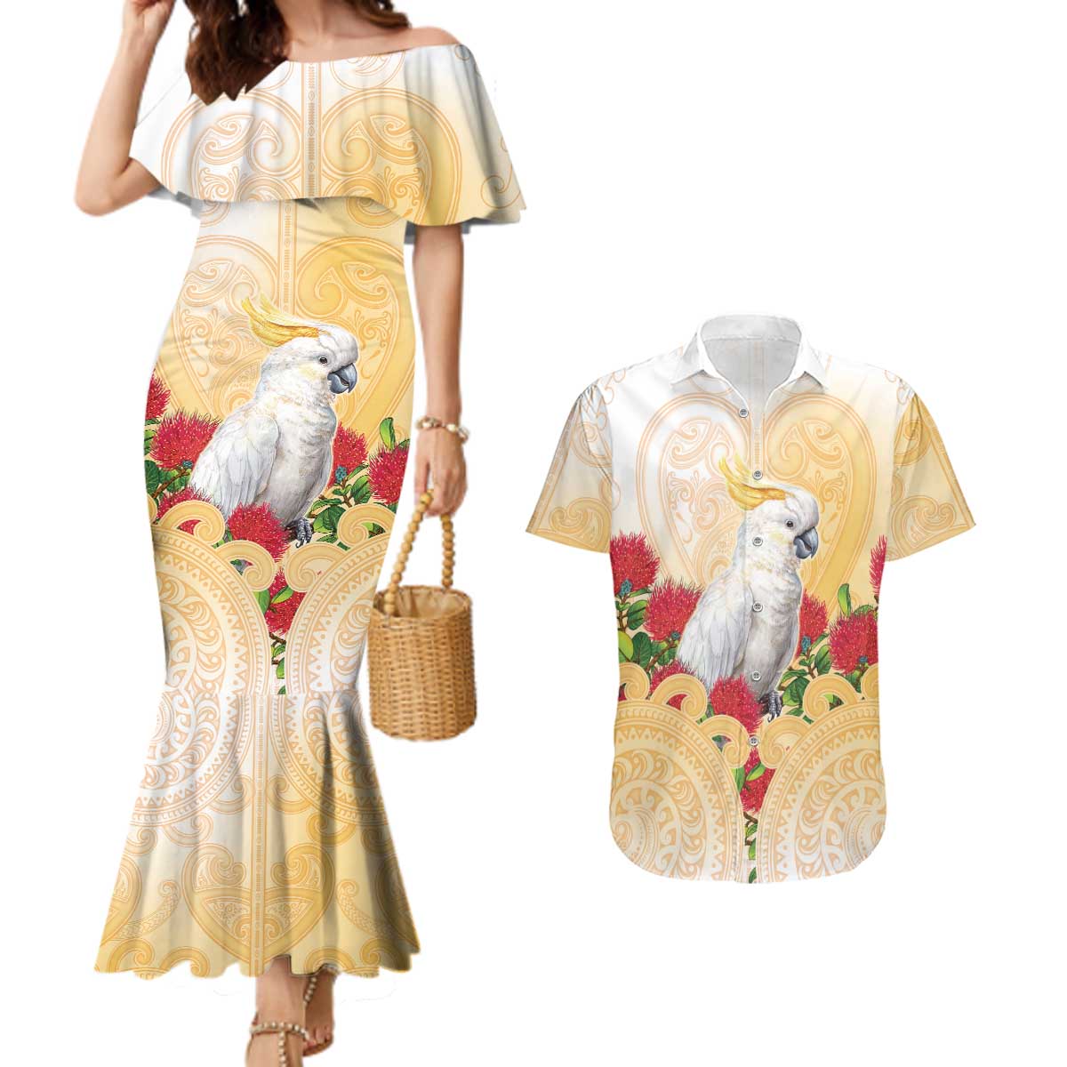 New Zealand Aotearoa Cockatoo Couples Matching Mermaid Dress and Hawaiian Shirt Maori Pattern With Pohutukawa Flowers
