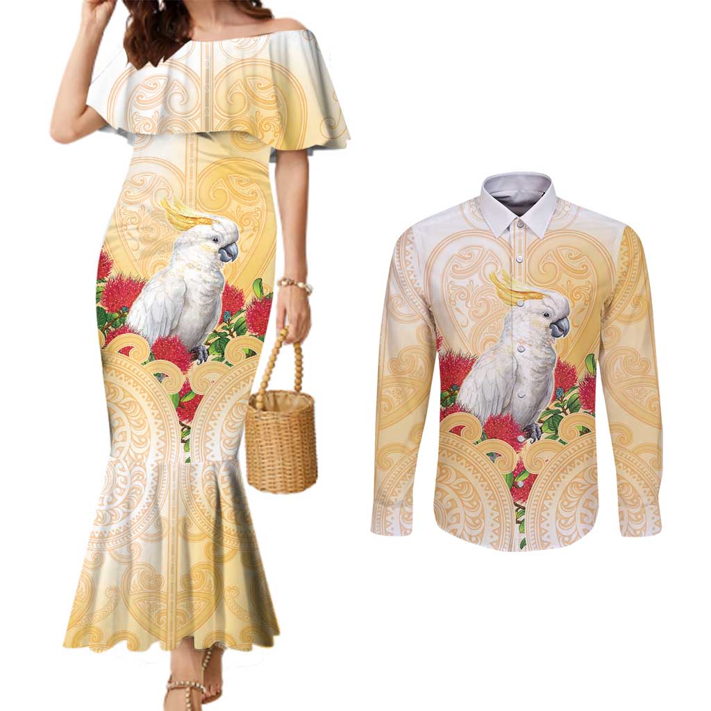 New Zealand Aotearoa Cockatoo Couples Matching Mermaid Dress and Long Sleeve Button Shirt Maori Pattern With Pohutukawa Flowers