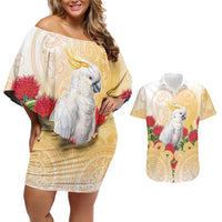 New Zealand Aotearoa Cockatoo Couples Matching Off Shoulder Short Dress and Hawaiian Shirt Maori Pattern With Pohutukawa Flowers LT05 Beige - Polynesian Pride