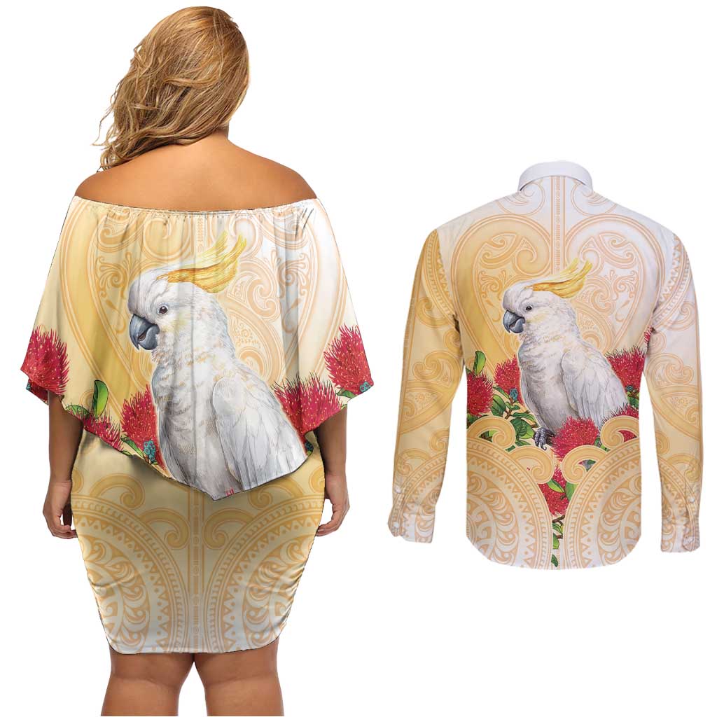 New Zealand Aotearoa Cockatoo Couples Matching Off Shoulder Short Dress and Long Sleeve Button Shirt Maori Pattern With Pohutukawa Flowers
