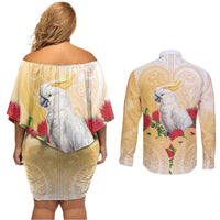 New Zealand Aotearoa Cockatoo Couples Matching Off Shoulder Short Dress and Long Sleeve Button Shirt Maori Pattern With Pohutukawa Flowers
