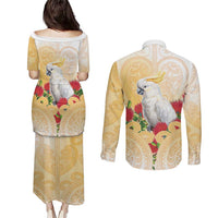New Zealand Aotearoa Cockatoo Couples Matching Puletasi and Long Sleeve Button Shirt Maori Pattern With Pohutukawa Flowers LT05 - Polynesian Pride