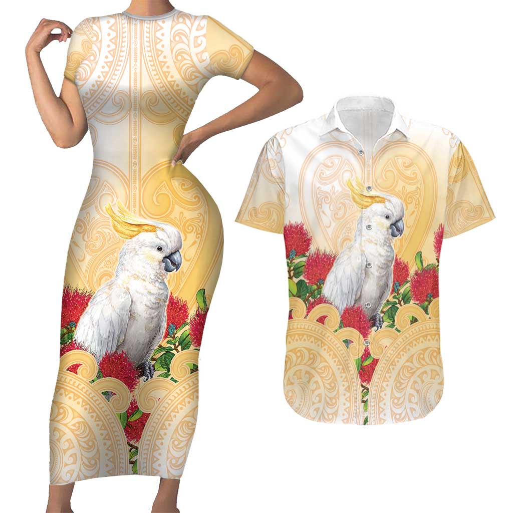 New Zealand Aotearoa Cockatoo Couples Matching Short Sleeve Bodycon Dress and Hawaiian Shirt Maori Pattern With Pohutukawa Flowers LT05 Beige - Polynesian Pride