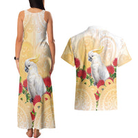 New Zealand Aotearoa Cockatoo Couples Matching Tank Maxi Dress and Hawaiian Shirt Maori Pattern With Pohutukawa Flowers LT05 - Polynesian Pride