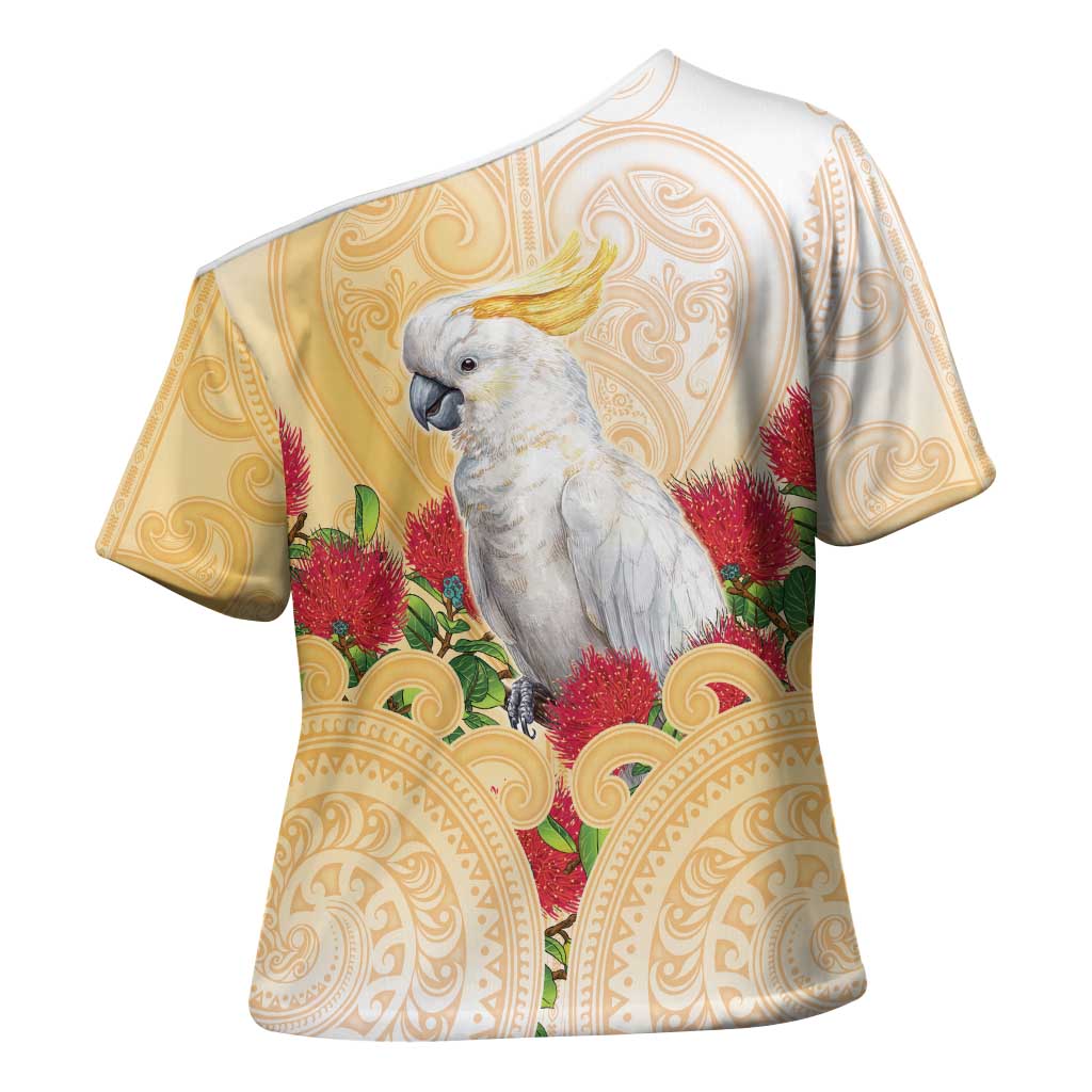 New Zealand Aotearoa Cockatoo Cross Shoulder Shirt Maori Pattern With Pohutukawa Flowers LT05 - Polynesian Pride