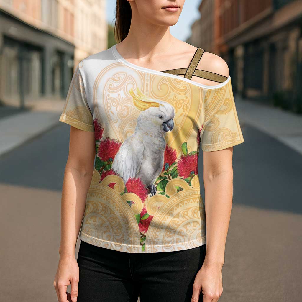 New Zealand Aotearoa Cockatoo Cross Shoulder Shirt Maori Pattern With Pohutukawa Flowers LT05 - Polynesian Pride