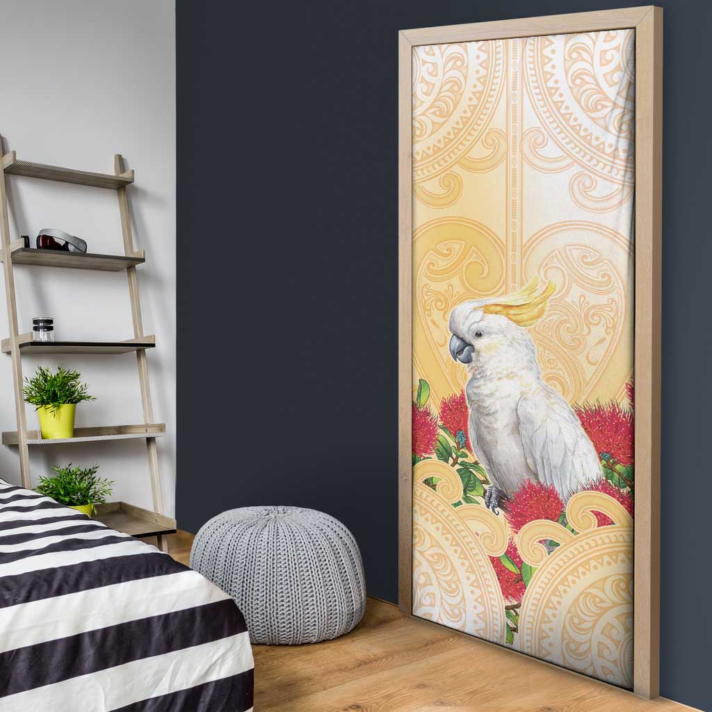 New Zealand Aotearoa Cockatoo Door Cover Maori Pattern With Pohutukawa Flowers LT05 - Polynesian Pride