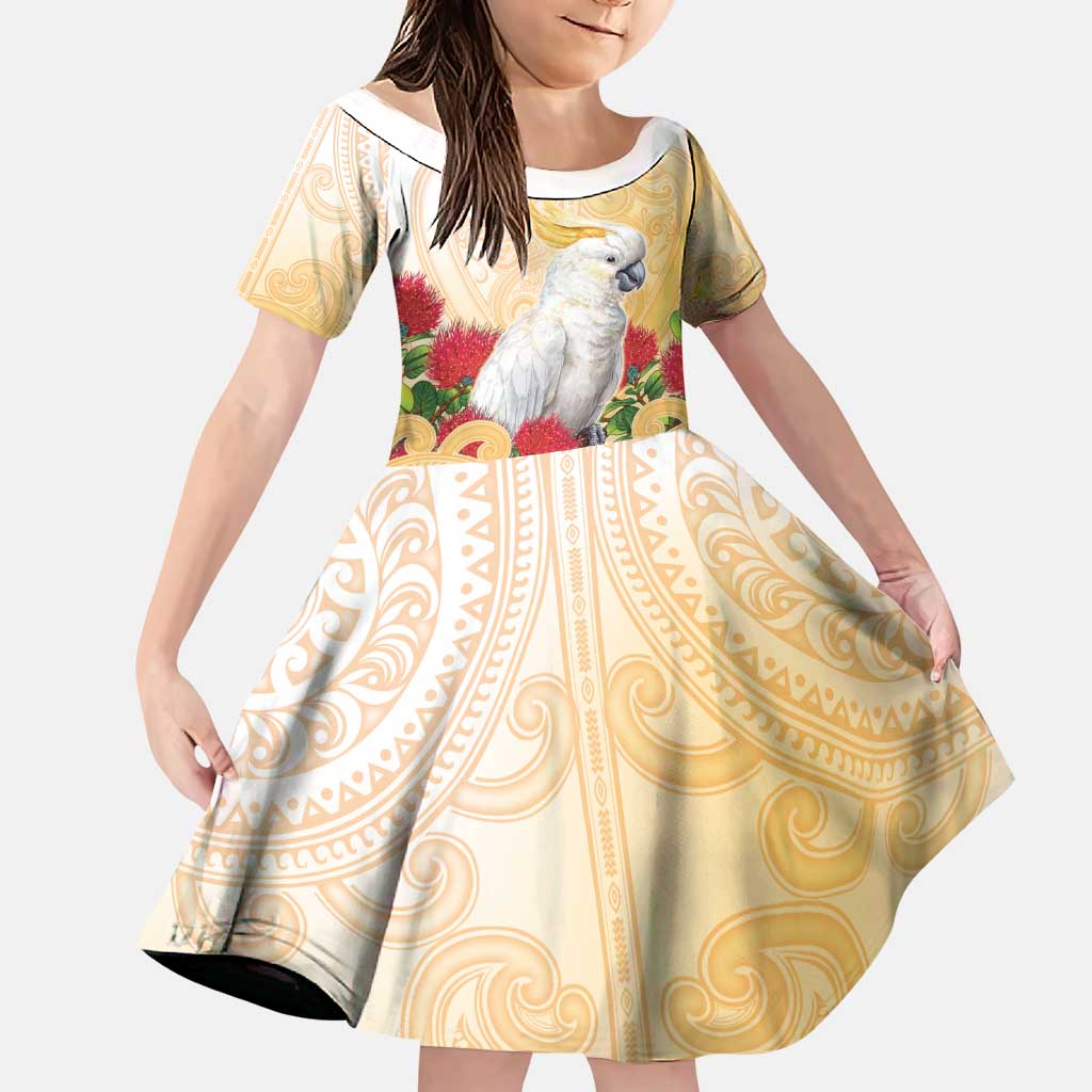 New Zealand Aotearoa Cockatoo Family Matching Mermaid Dress and Hawaiian Shirt Maori Pattern With Pohutukawa Flowers LT05 Daughter's Dress Beige - Polynesian Pride