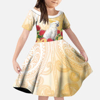 New Zealand Aotearoa Cockatoo Family Matching Off The Shoulder Long Sleeve Dress and Hawaiian Shirt Maori Pattern With Pohutukawa Flowers LT05 Daughter's Dress Beige - Polynesian Pride