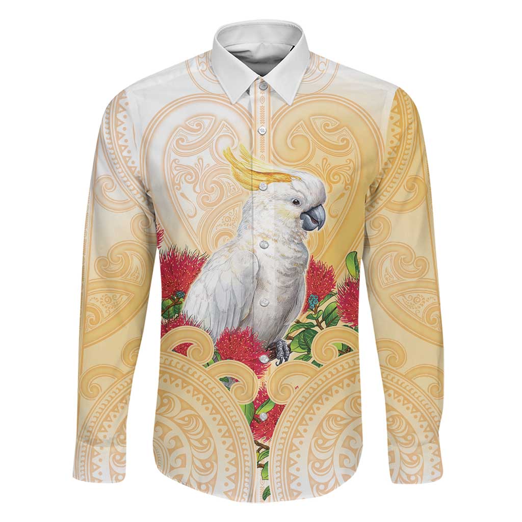 New Zealand Aotearoa Cockatoo Family Matching Off Shoulder Short Dress and Hawaiian Shirt Maori Pattern With Pohutukawa Flowers LT05 Dad's Shirt - Long Sleeve Beige - Polynesian Pride
