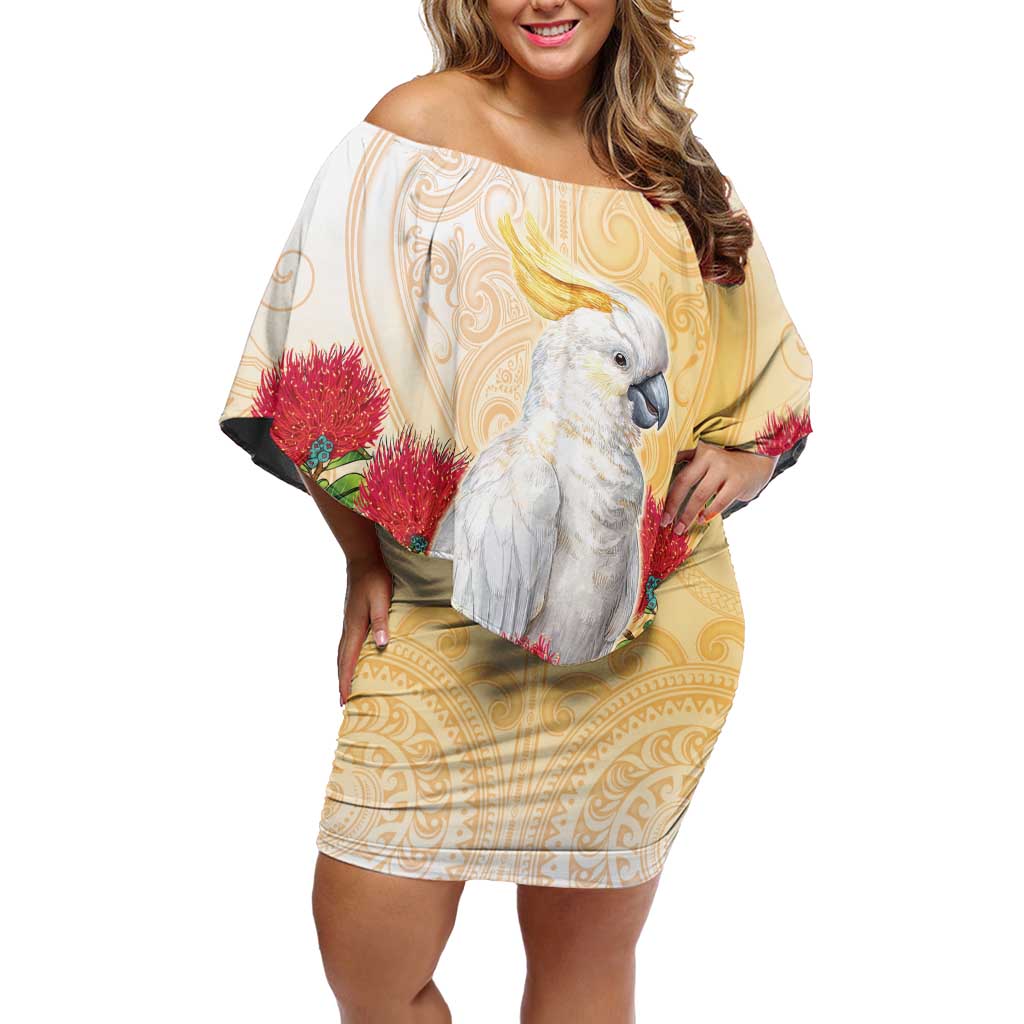New Zealand Aotearoa Cockatoo Family Matching Off Shoulder Short Dress and Hawaiian Shirt Maori Pattern With Pohutukawa Flowers LT05 Mom's Dress Beige - Polynesian Pride