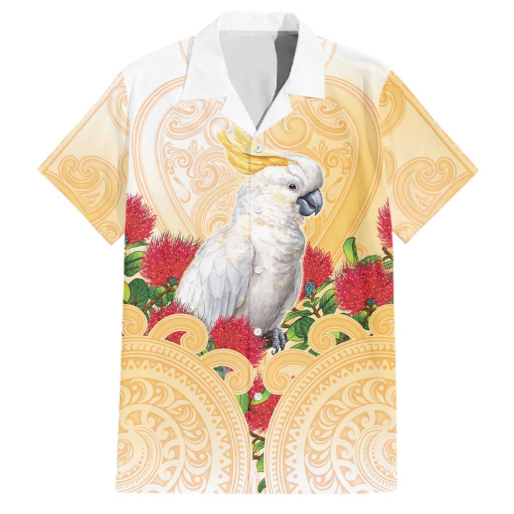 New Zealand Aotearoa Cockatoo Family Matching Puletasi and Hawaiian Shirt Maori Pattern With Pohutukawa Flowers LT05 Dad's Shirt - Short Sleeve Beige - Polynesian Pride