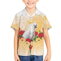 New Zealand Aotearoa Cockatoo Family Matching Summer Maxi Dress and Hawaiian Shirt Maori Pattern With Pohutukawa Flowers LT05 Son's Shirt Beige - Polynesian Pride