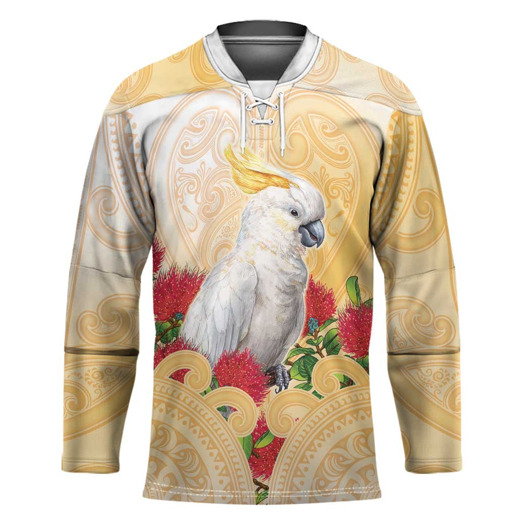 New Zealand Aotearoa Cockatoo Hockey Jersey Maori Pattern With Pohutukawa Flowers LT05 Unisex Beige - Polynesian Pride