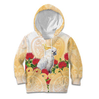 New Zealand Aotearoa Cockatoo Kid Hoodie Maori Pattern With Pohutukawa Flowers LT05 Hoodie Beige - Polynesian Pride