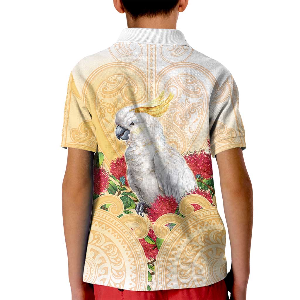 New Zealand Aotearoa Cockatoo Kid Polo Shirt Maori Pattern With Pohutukawa Flowers LT05 - Polynesian Pride