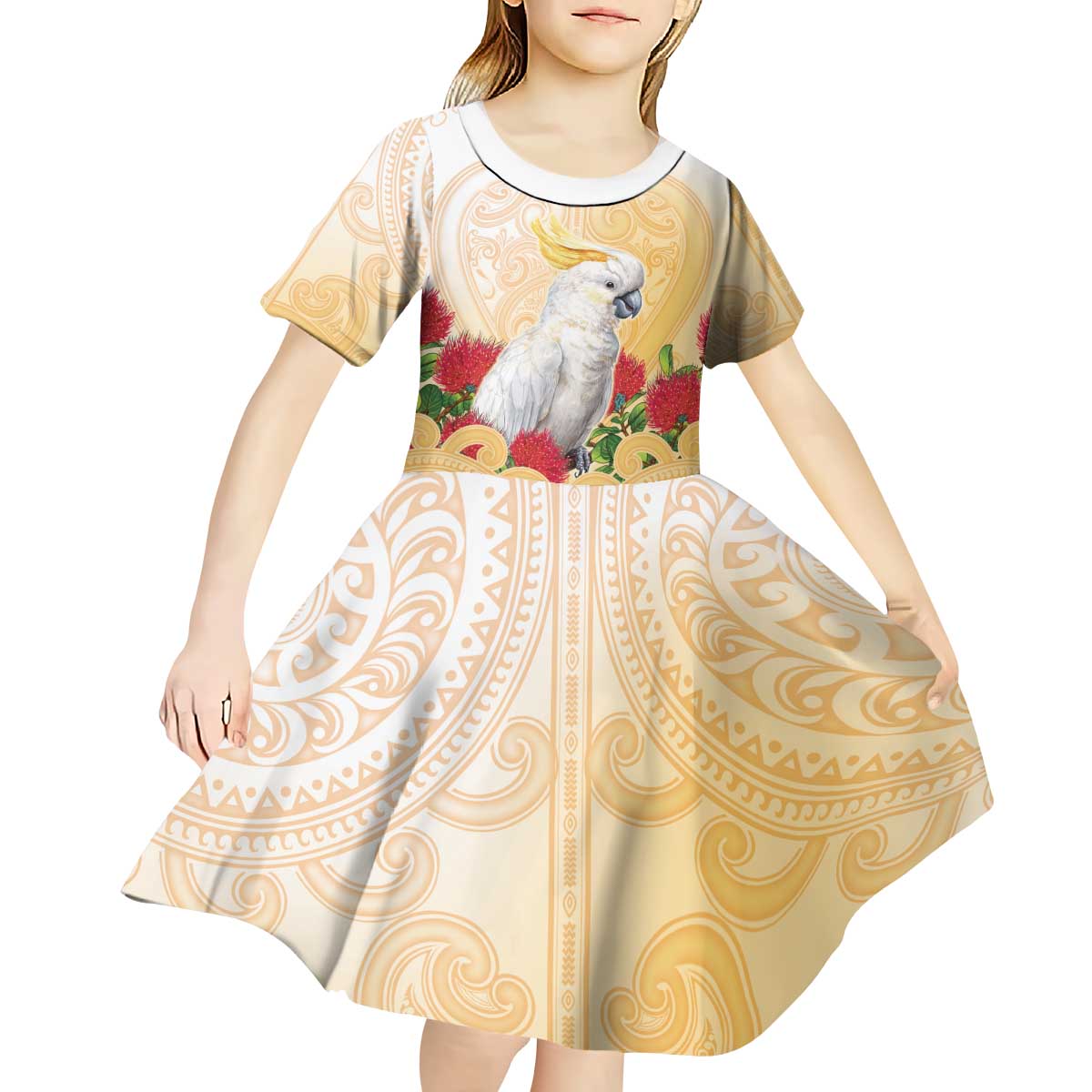 New Zealand Aotearoa Cockatoo Kid Short Sleeve Dress Maori Pattern With Pohutukawa Flowers LT05 - Polynesian Pride
