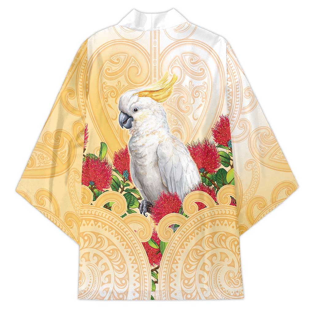 New Zealand Aotearoa Cockatoo Kimono Maori Pattern With Pohutukawa Flowers