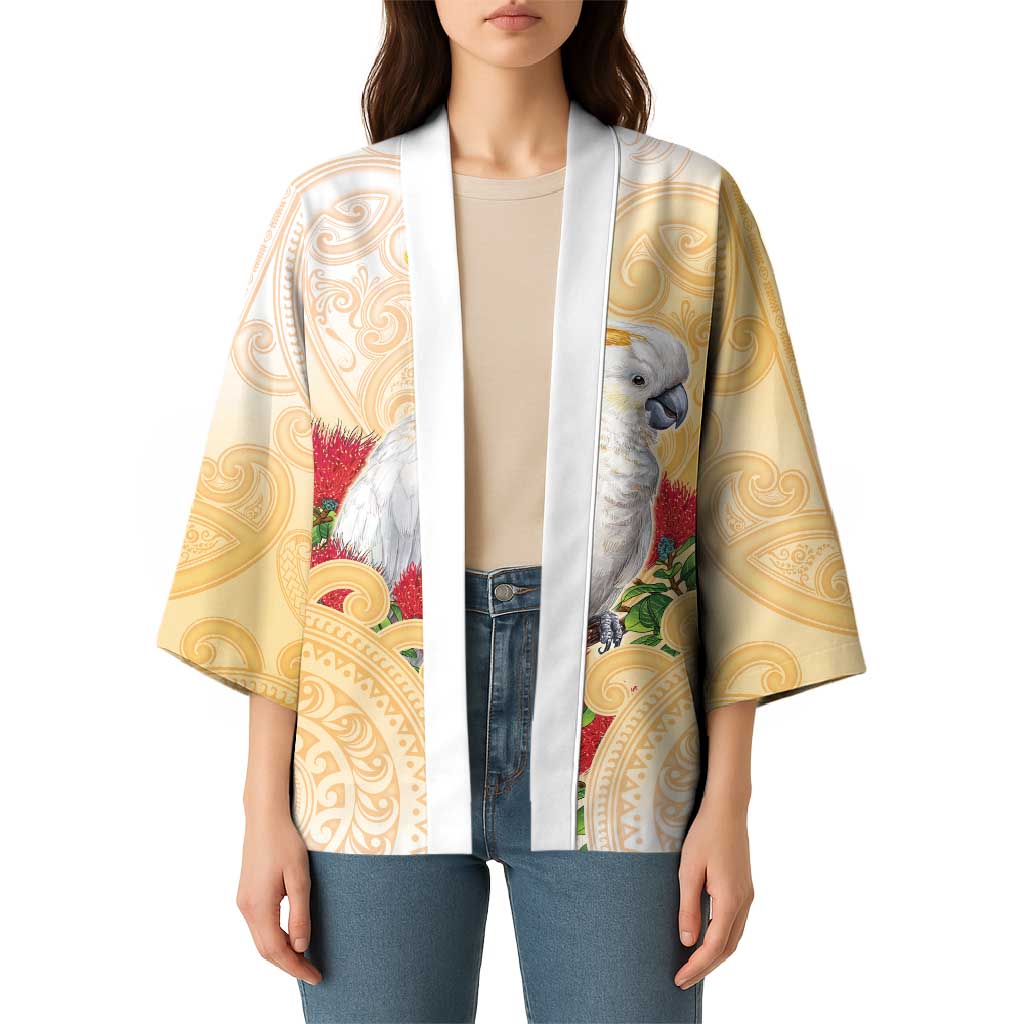 New Zealand Aotearoa Cockatoo Kimono Maori Pattern With Pohutukawa Flowers