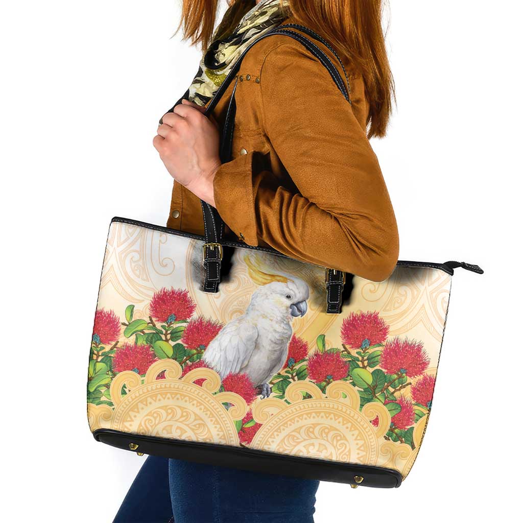 New Zealand Aotearoa Cockatoo Leather Tote Bag Maori Pattern With Pohutukawa Flowers