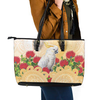 New Zealand Aotearoa Cockatoo Leather Tote Bag Maori Pattern With Pohutukawa Flowers