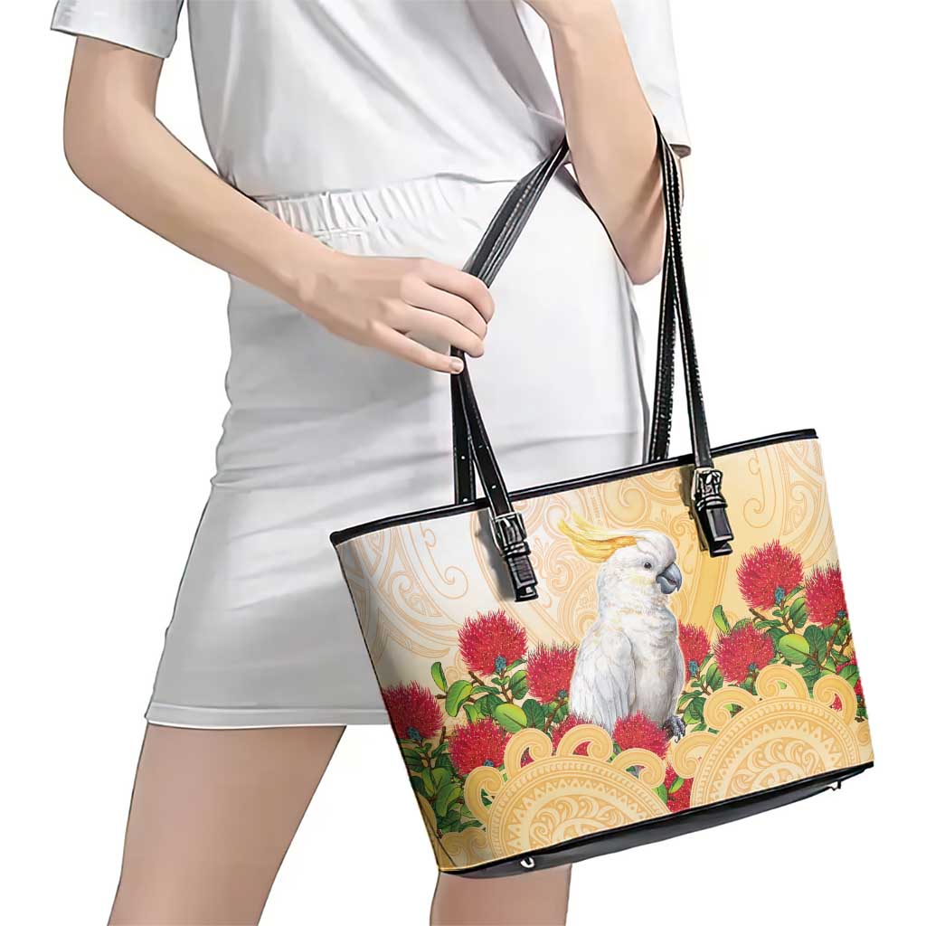 New Zealand Aotearoa Cockatoo Leather Tote Bag Maori Pattern With Pohutukawa Flowers