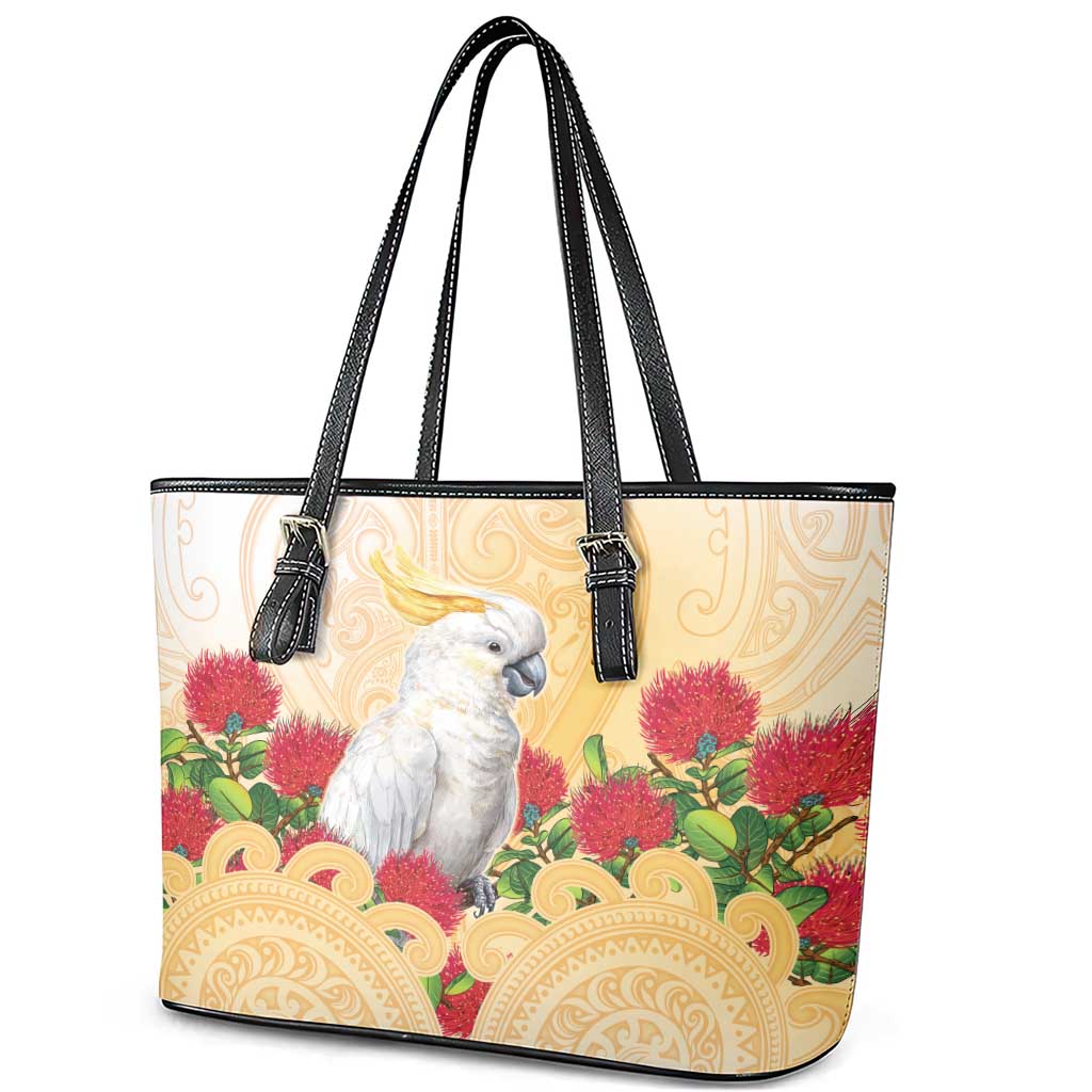 New Zealand Aotearoa Cockatoo Leather Tote Bag Maori Pattern With Pohutukawa Flowers