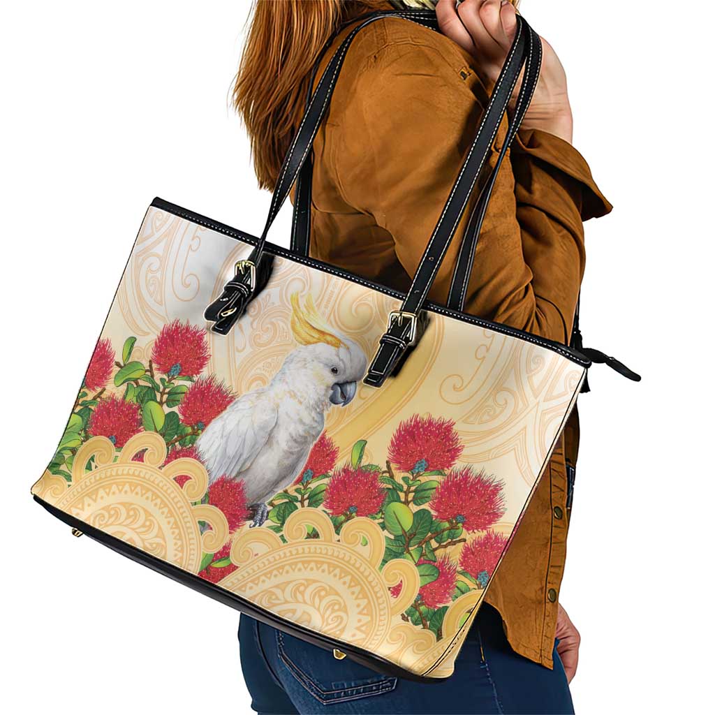 New Zealand Aotearoa Cockatoo Leather Tote Bag Maori Pattern With Pohutukawa Flowers
