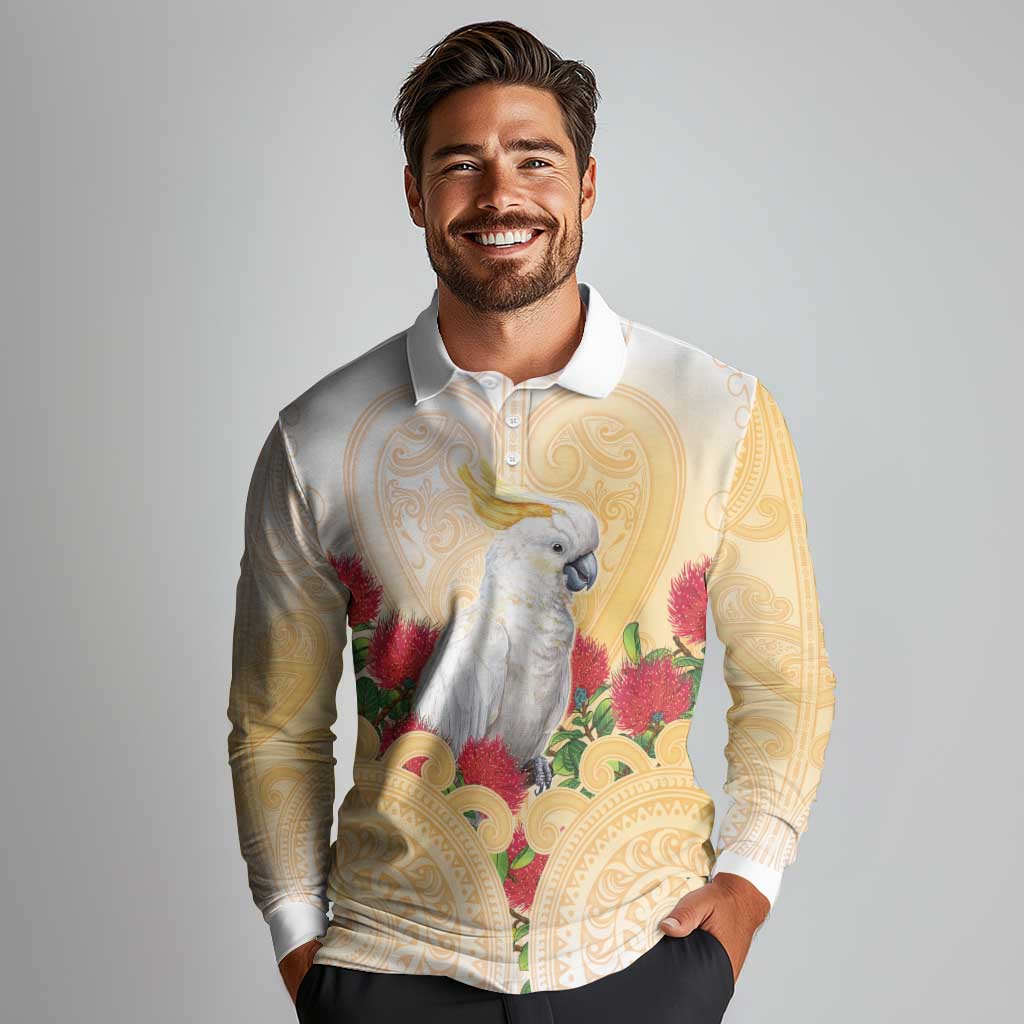 New Zealand Aotearoa Cockatoo Long Sleeve Polo Shirt Maori Pattern With Pohutukawa Flowers