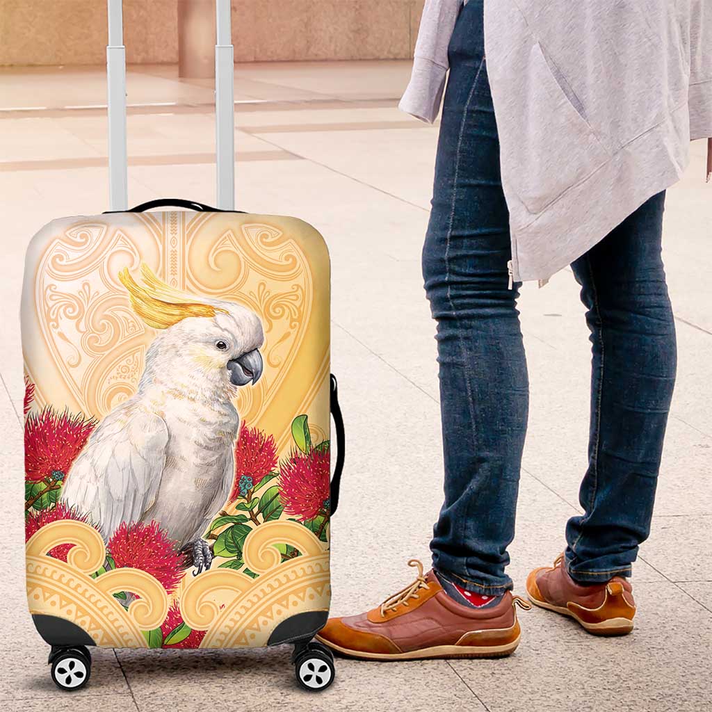 New Zealand Aotearoa Cockatoo Luggage Cover Maori Pattern With Pohutukawa Flowers LT05 Beige - Polynesian Pride
