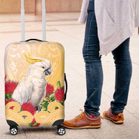 New Zealand Aotearoa Cockatoo Luggage Cover Maori Pattern With Pohutukawa Flowers LT05 Beige - Polynesian Pride