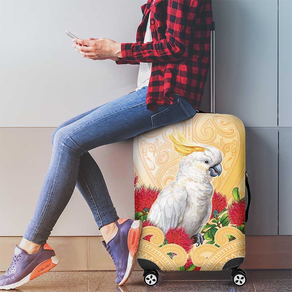 New Zealand Aotearoa Cockatoo Luggage Cover Maori Pattern With Pohutukawa Flowers LT05 - Polynesian Pride
