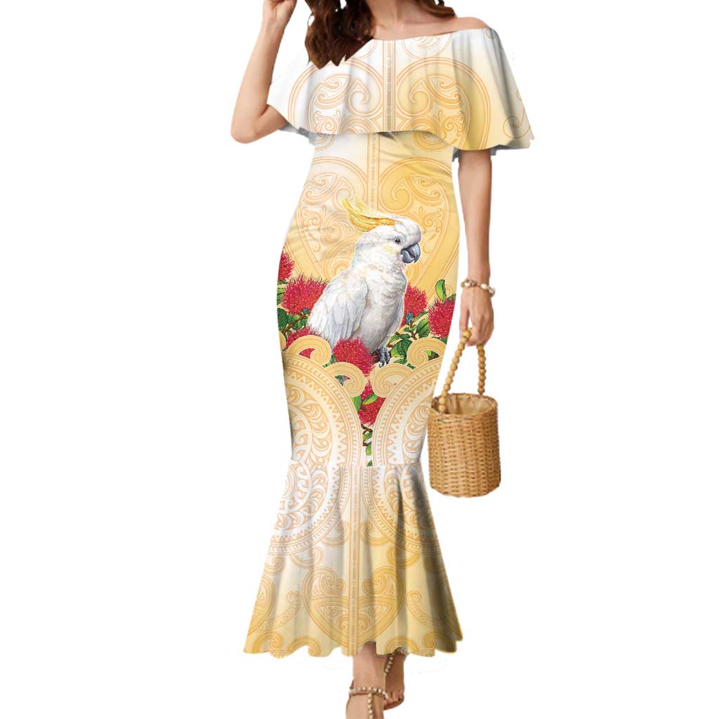 New Zealand Aotearoa Cockatoo Mermaid Dress Maori Pattern With Pohutukawa Flowers