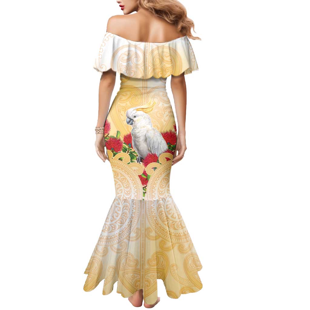 New Zealand Aotearoa Cockatoo Mermaid Dress Maori Pattern With Pohutukawa Flowers LT05 - Polynesian Pride