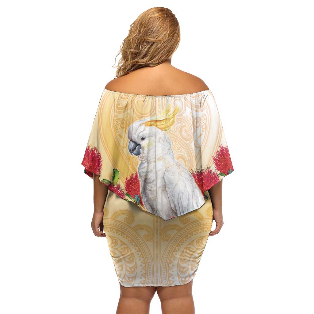 New Zealand Aotearoa Cockatoo Off Shoulder Short Dress Maori Pattern With Pohutukawa Flowers LT05 - Polynesian Pride