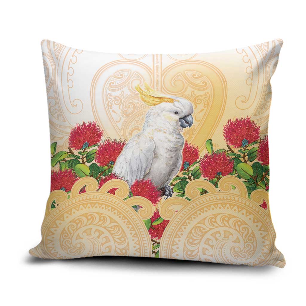 New Zealand Aotearoa Cockatoo Pillow Cover Maori Pattern With Pohutukawa Flowers LT05 Beige - Polynesian Pride