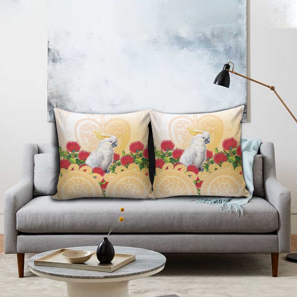 New Zealand Aotearoa Cockatoo Pillow Cover Maori Pattern With Pohutukawa Flowers LT05 - Polynesian Pride