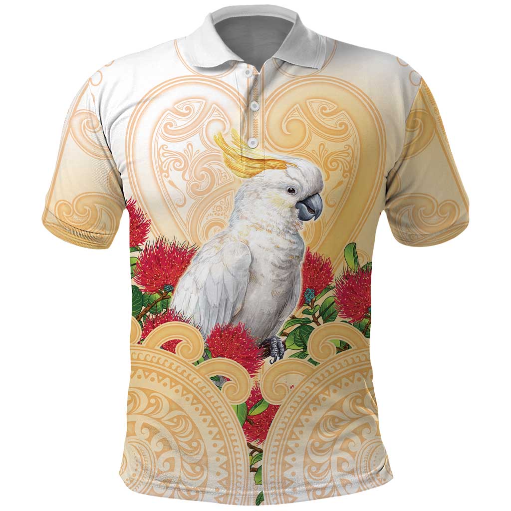 New Zealand Aotearoa Cockatoo Polo Shirt Maori Pattern With Pohutukawa Flowers