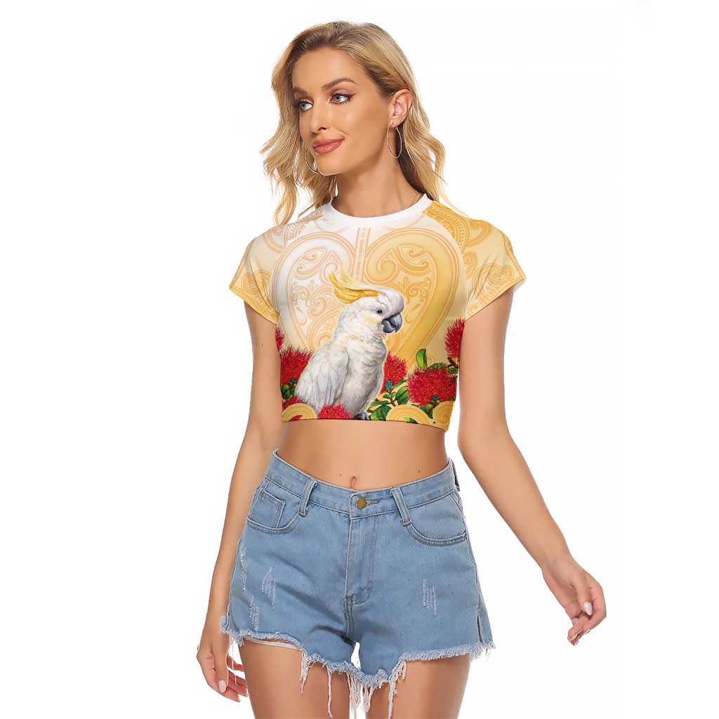New Zealand Aotearoa Cockatoo Raglan Cropped T Shirt Maori Pattern With Pohutukawa Flowers LT05 Female Beige - Polynesian Pride