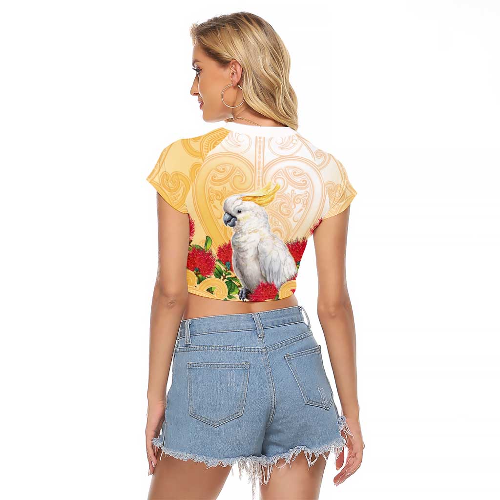 New Zealand Aotearoa Cockatoo Raglan Cropped T Shirt Maori Pattern With Pohutukawa Flowers LT05 - Polynesian Pride