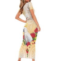 New Zealand Aotearoa Cockatoo Short Sleeve Bodycon Dress Maori Pattern With Pohutukawa Flowers LT05 - Polynesian Pride