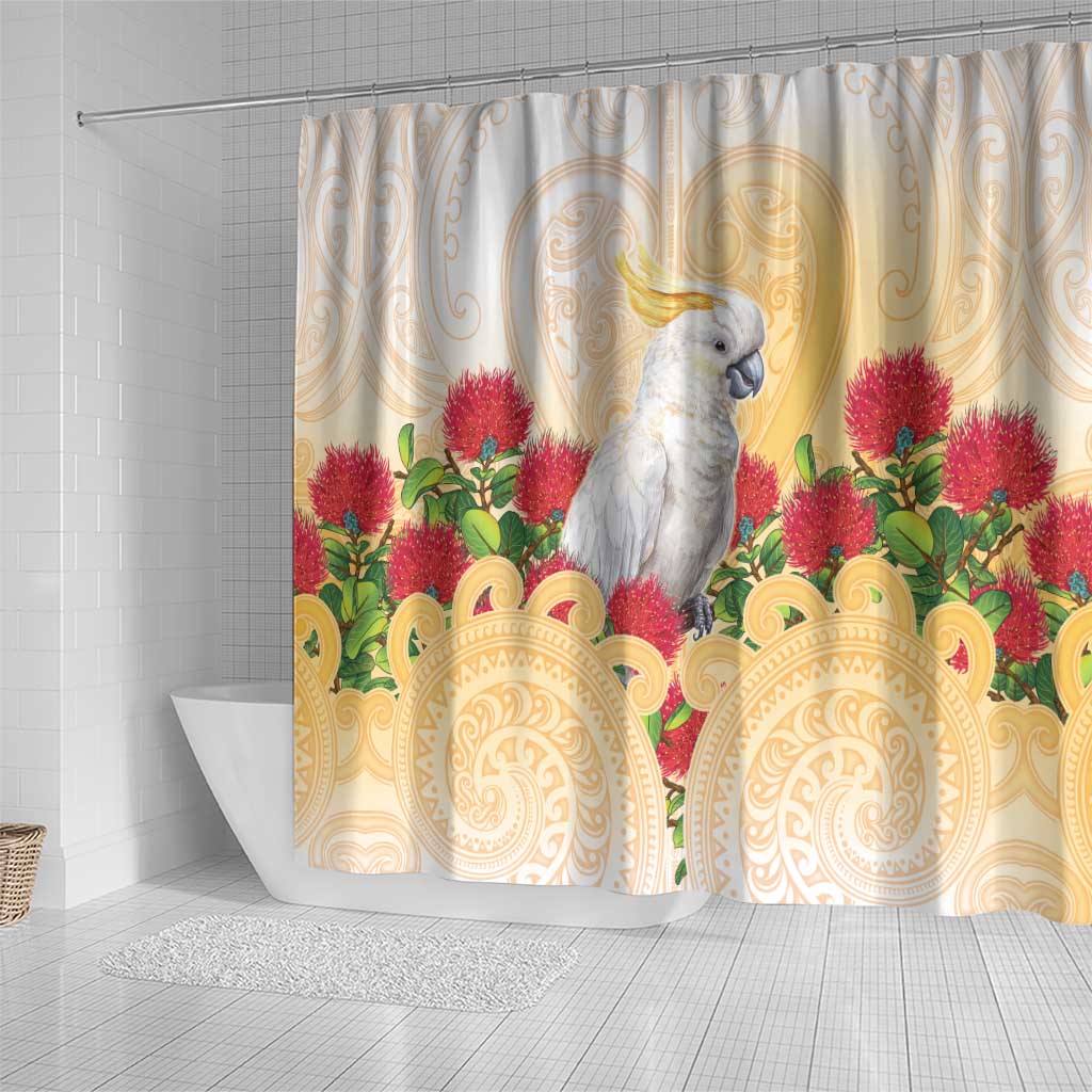 New Zealand Aotearoa Cockatoo Shower Curtain Maori Pattern With Pohutukawa Flowers LT05 - Polynesian Pride